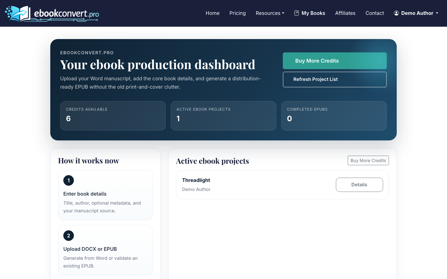 Your dashboard shows book projects, status, and remaining credits