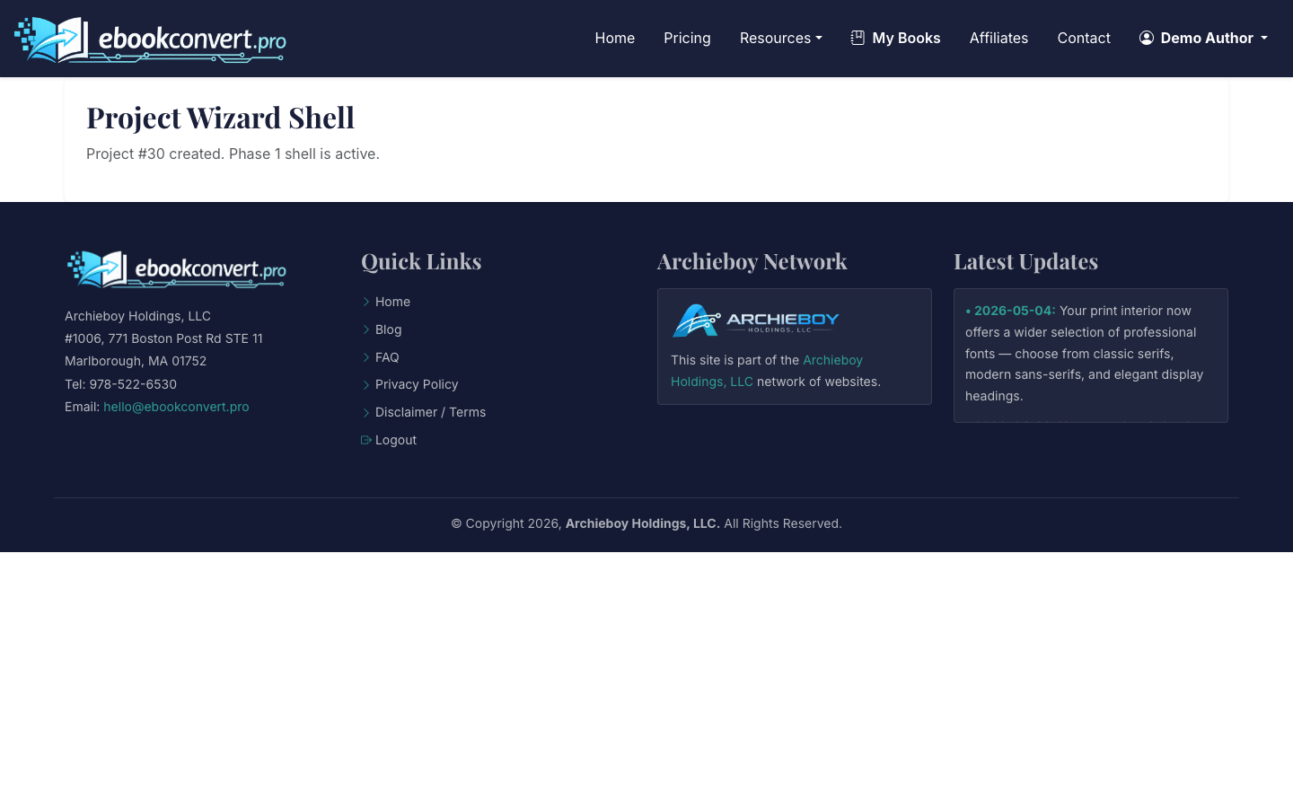 The project overview shows the full ebook creation workflow.