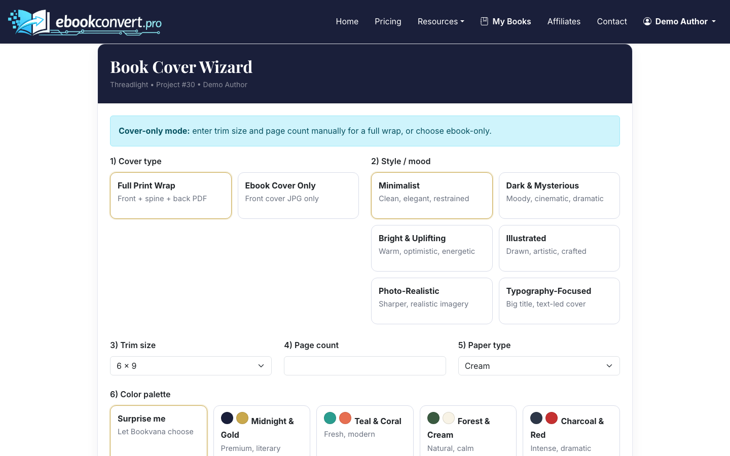 Create an AI full-wrap print cover or upload your own cover assets.